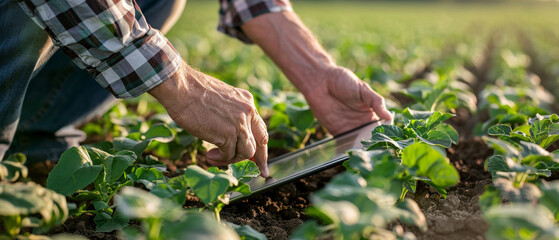 Obraz premium Hands of a farmer monitoring field conditions on a tablet