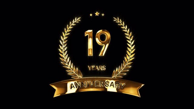 19th Anniversary Celebration. Happy 19 Years Anniversary Animation in Gold Color on the Transparent Background, Alpha Channel. Great for greetings, celebrations, events, and gifts.