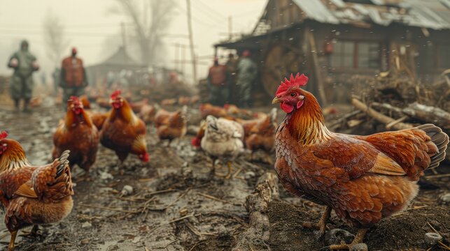 Crisis on the Farm: Hyper-Realistic Image of Avian Flu Outbreak &acirc;&euro;&ldquo; Sick Chickens and Workers in Protective Gear