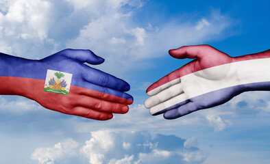 Netherlands and Haiti country handshaking with flags, consensus concept international co-operation illustration
