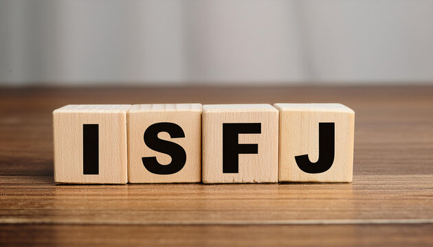 Wooden cubes with text ISFJ. Introversion, Sensing, Feeling, Judging. Personality type. Close-up.