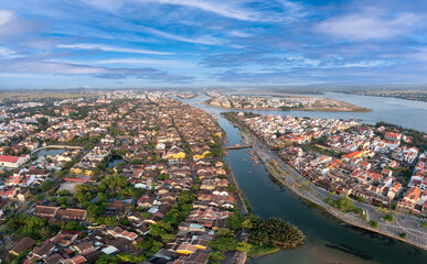 Fototapeta premium Aerial drone view of Hoi An city, Vietnam. Ancient town, UNESCO world heritage, at Quang Nam province.