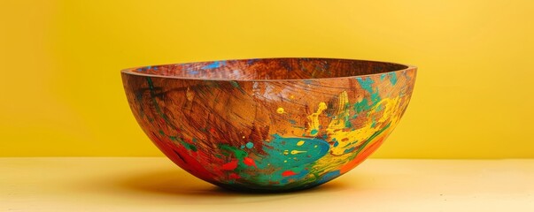 Wooden bowl with colorful abstract paint splashes, vibrant yellow background. Artistic hand-painted craftsmanship concept