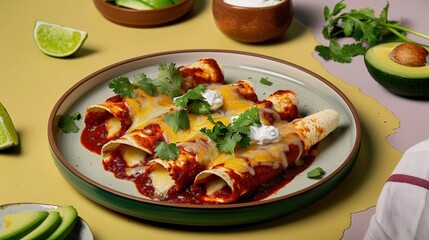 Delicious Mexican Enchiladas with Cheese, Avocado, and Cilantro on Isolated Background | Vibrant Food Photography