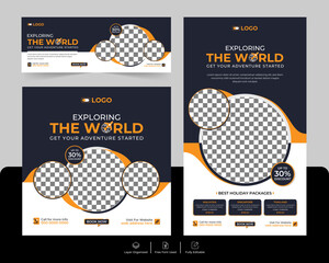 Travel social media and adventure tour holiday tourism marketing promotion advertising cover and story post banner design template set.
