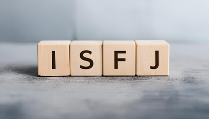 Wooden cubes with text ISFJ. Introversion, Sensing, Feeling, Judging. Personality type. Close-up.