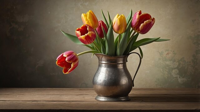 highquality still life for a bouquet of tulip in vinta background