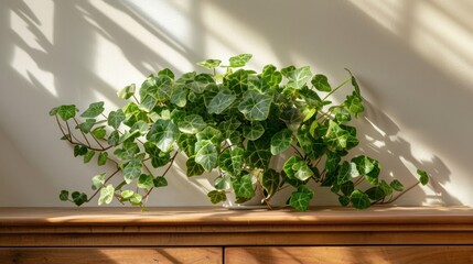 Green Ivy Plant on Wooden Shelf with Light