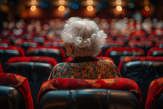 An elderly woman attending a community theater performance.