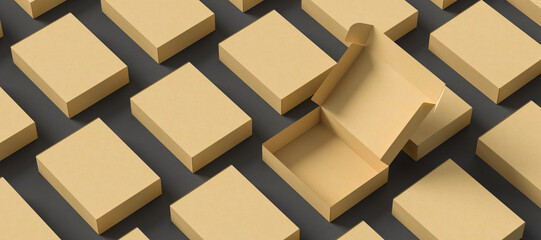 Cardboard box mock up. Kraft box mock up isolated on dark background. 3D illustration