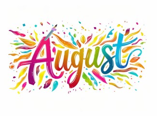 Sticker Design, colorful cursive text "August", white background Generative AI