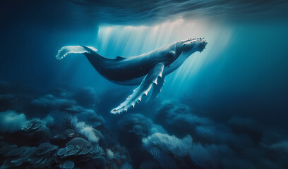 Whales gracefully swim across the bright blue ocean