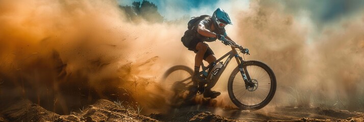 Obraz premium A professional cyclist rides an enduro trail bike through a cloud of dust on a dirt track. Generative AI