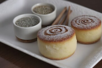 Fresh hot rice buns. Pyanse, traditional korean food. Soft focus, close-up.