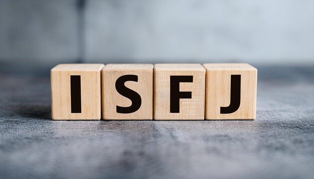Wooden cubes with text ISFJ. Introversion, Sensing, Feeling, Judging. Personality type. Close-up.