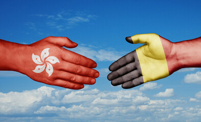 Belgium and Hong Kong country handshaking with flags, consensus concept international co-operation illustration