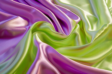 Obraz premium Shiny silk fabric in green and purple hues, draped in smooth waves creating an elegant and colorful backdrop.