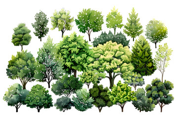 Aerial watercolor depiction of assorted green trees, bushes, and shrubs for a landscape design plan, isolated on a white background