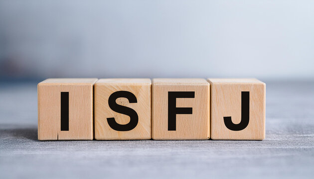 Wooden cubes with text ISFJ. Introversion, Sensing, Feeling, Judging. Personality type. Close-up.