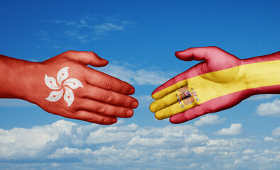 Spain and Hong Kong country handshaking with flags, consensus concept international co-operation illustration