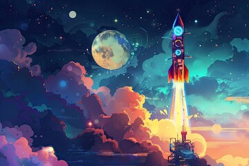 A whimsical illustration of a rocket made of computer parts launching into space, symbolizing a tech startup launch