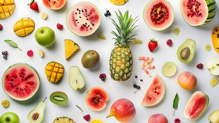 Create an image featuring a variety of fruits including watermelon, pineapple, rose apple, mango, and other fruits on a plain white background