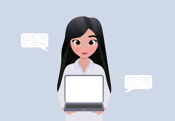 Business woman in hands with laptop, flat style 