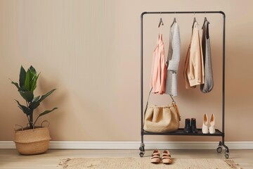 Clothes rack with stylish garments and accessories in a room with minimalist interior design