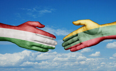 Lithuania and Hungary country handshaking with flags, consensus concept international co-operation illustration