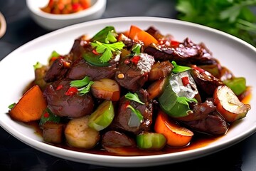 Salad with tender beef, vegetables, glass noodles (funchose). On a white plate, Asian cuisine