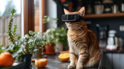 A ginger cat wearing virtual reality goggles sits on a kitchen counter, with green plants and oranges beside it.