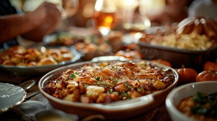 A lavish dinner setup with a plethora of assorted dishes, beautifully arranged on a table, showcasing a festive and well-decorated setting perfect for celebrations and feasts.