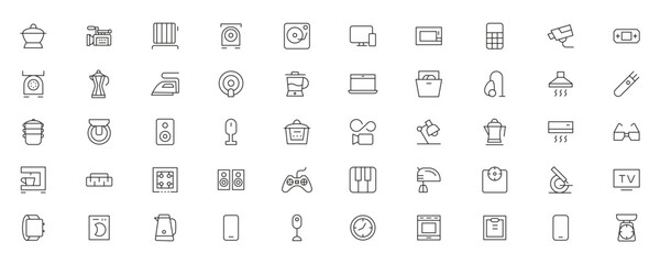 Home appliances and Household items simple line icon set. Editable stroke. icons for website. home symbols, furniture, kitchenware, Home appliances and electronics icons