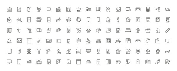 Home appliances and Household items simple line icon set. Editable stroke. icons for website. home symbols, furniture, kitchenware, Home appliances and electronics icons
