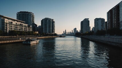 Fototapeta premium cinematic view of an urban waterfront photography for background
