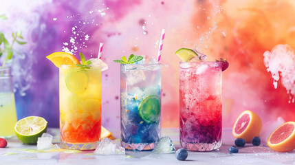 Colorful Galaxy Summer Drinks. Vibrant, refreshing summer drinks with fruit garnishes and splashes