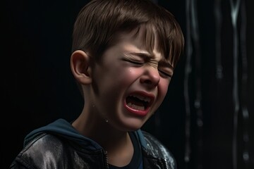 Caucasian boy cries with tears. Upset child. Violence in family over children. Concept of bullying, depressive stress or frustration. Kid close up view. Pure authentic emotion. Copy space for text