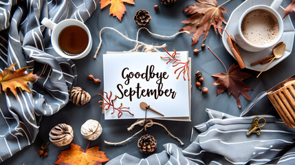 Goodbye September card with natural fall elements.Top view,cozy flat lay. Autumn banner. Hello september hand lettering phrase quote. Hygge concept. Autumn flat lay composition background