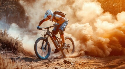 A professional cyclist races down a dusty trail on an enduro mountain bike. The rider is wearing a helmet and protective gear. The bike kicks up a cloud of dust. Generative AI