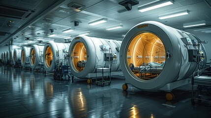 Fototapeta premium Intensive Care Unit in a Hospital Ward with Isolation Tents for Multiple Patients, Realistic Digital 8K Photography