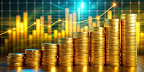 Golden Coins Stacked in a Rising Trend on a Green Chart Background, finance , investment , growth , wealth