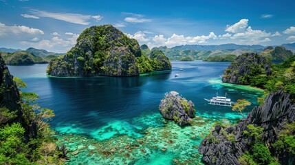 Stunning View of Islands, Crystal Clear Water, and Lush Green Vegetation in the Philippines