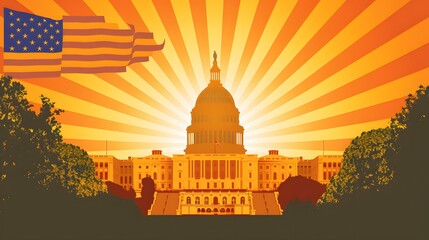 Obraz premium A vibrant digital illustration showcasing a grand cityscape bathed in golden sunlight, where the Stars and Stripes proudly fly against a clear sky on Independence Day 2024, capturing the essence 