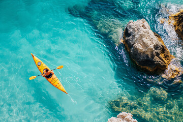 Aerial view of a kayak in the blue water. Kayaking top view. Kayaker in the yellow kayak paddling on the sea