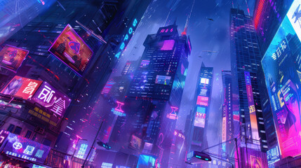 Fototapeta premium A vibrant futuristic cityscape at night featuring towering structures, neon lights, and flying vehicles, set against a cosmic sky..