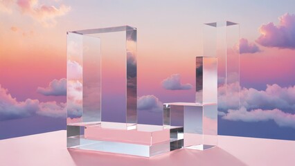 Glass cube sitting on a table under cloudy sky with pink and blue background, 3D render, crystal cubism effect