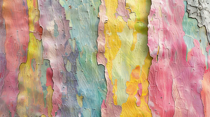 Close-up of a tree bark with multi-colored, peeling layers creating a natural, textured pattern, ideal for backgrounds..