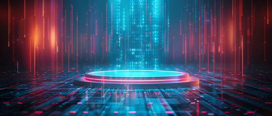 Modern digital wallet with AIpowered financial tools, minimalist podium stand, surrounded by digital data streams, wideangle shot, vivid hues, dramatic lighting