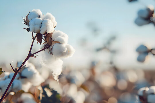 Close-up of cotton flower in the field, white fluffy cottonflower  ball on branch against blurred background of blooming cotton plant farm fields,with copy space for text.