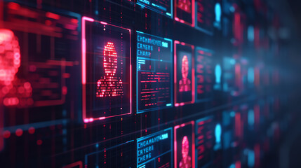 Obraz premium Modern identity verification system with global reach, minimalist interface, surrounded by digital connections, wideangle shot, bold hues, dramatic lighting